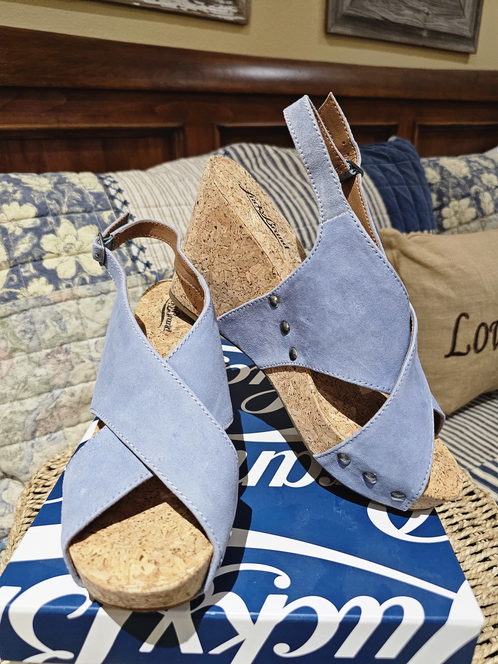 Wedge Sandals - Light Blue Suede Cork Platform, NIB